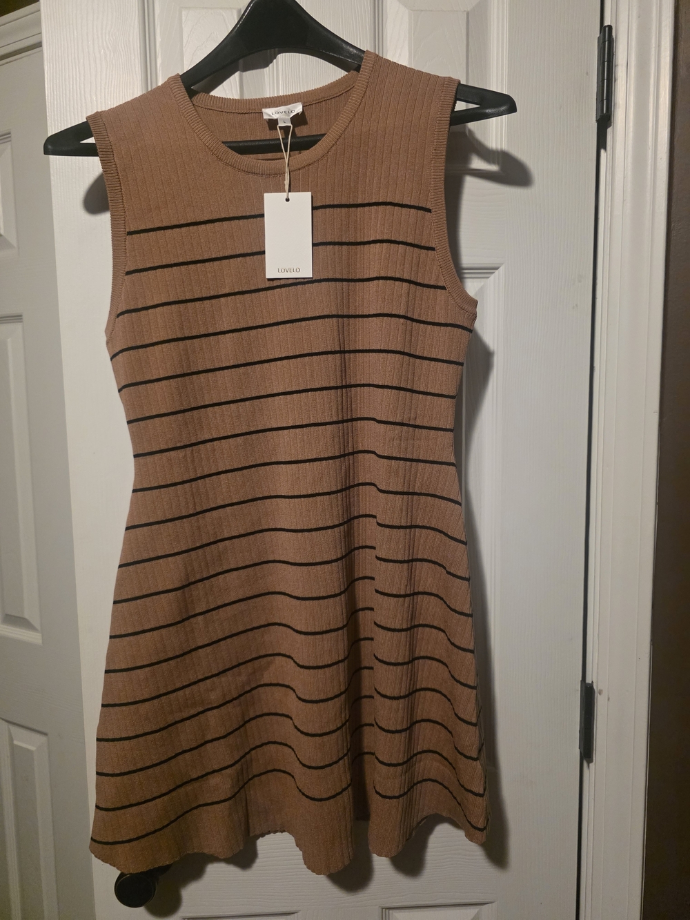 Love Ribbed Sleeveless Mini Dress in Tan with Black Stripes
